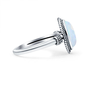 Petite Dainty Vintage Style Lab Created White Opal Ring Solid Oval Oxidized 925 Sterling Silver